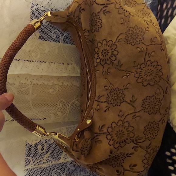 COLE HAAN Suede Laser Etched Floral Motif Hobo Bag w/ Leather Braided Strap - Picture 2 of 13